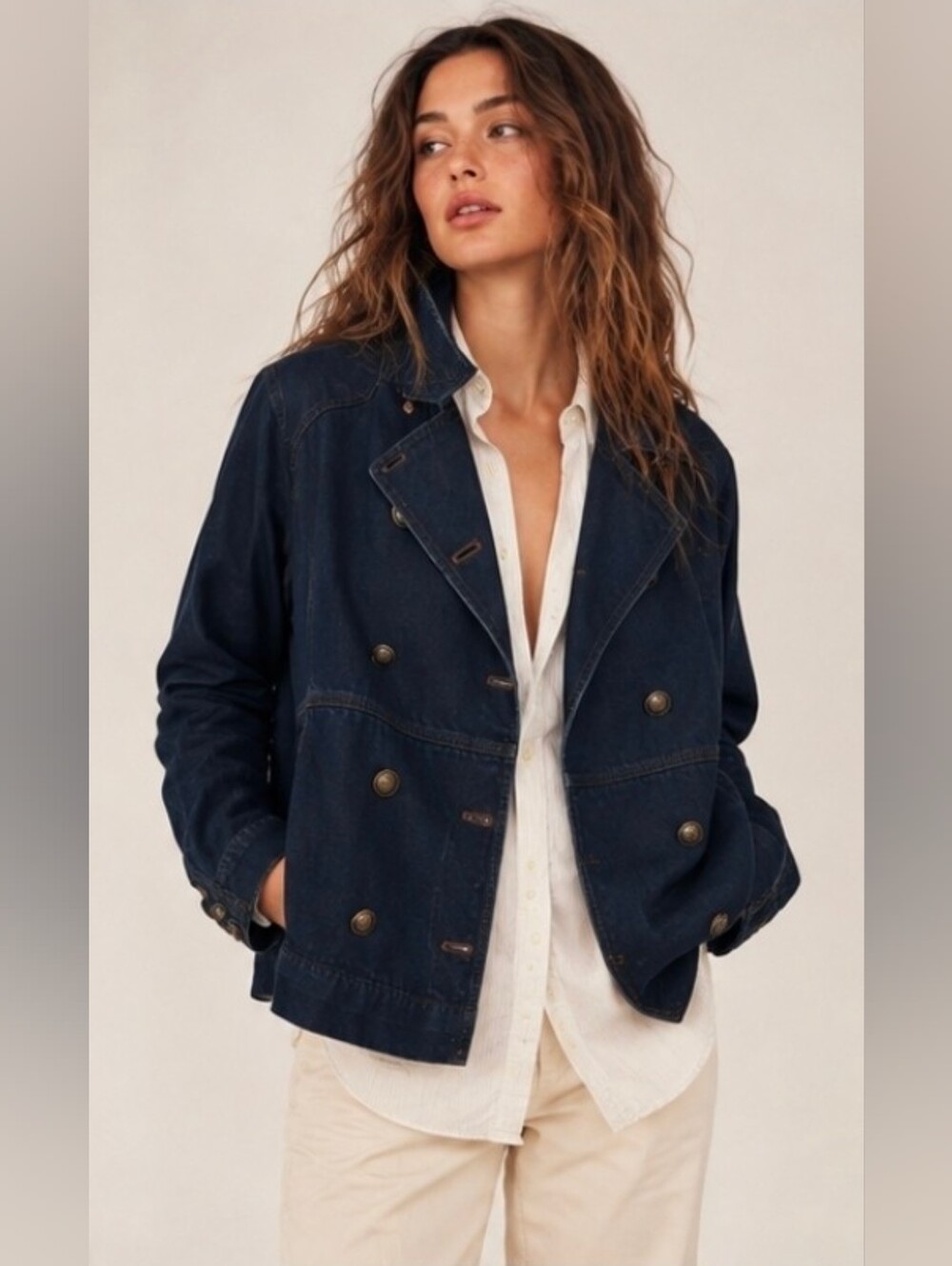 Free People Double Breasted All Denim Military Jacket Dark Denim Sz Medium NWT